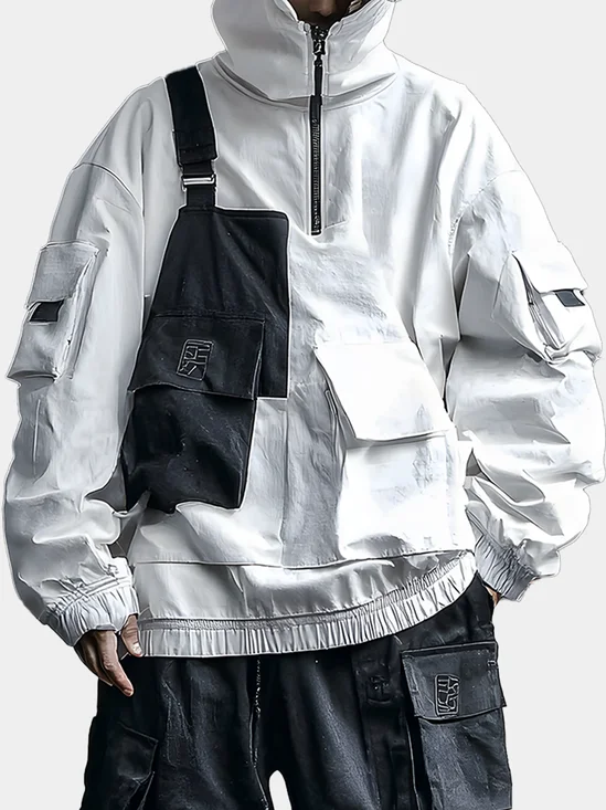 Street Style Urban Street Style Flip Pocket Fashion Workwear Color Matching Stand Collar Sweatshirt