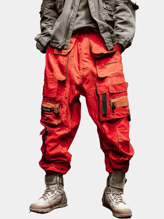 Men's Water Resistant Ripstop Red Multi-Pocket Deconstructed Street Fashion Tactical Pants