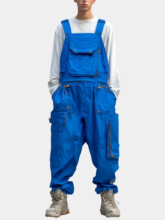 Men's Ripstop Blue Multi-Pocket Trendy Deconstructed Street Straight Overalls