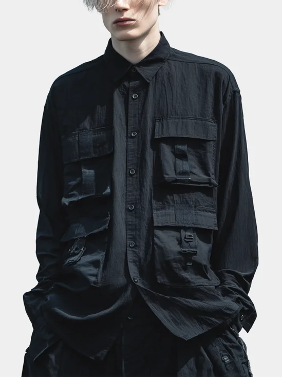Men's Black Ripstop Multi-Pocket Fashion Work Shirt