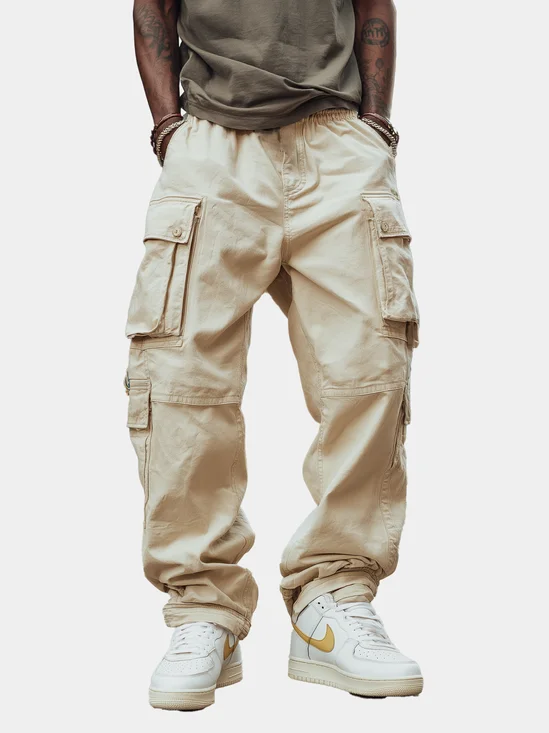 Street Style Washed Cotton Flap Pockets Work Pants