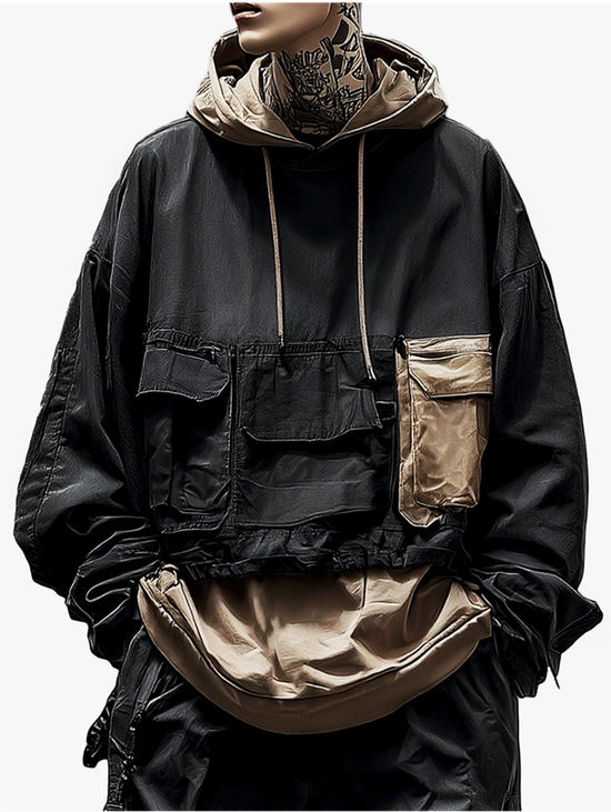 Workwear Urban Street Style Street Art Windproof Flap Pocket Lining Hooded Sweatshirt