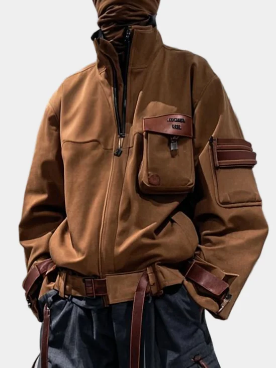 Workwear Jacket Fashionable Urban Industrial Style Leather Color Matching Casual Street Water-Proof And Windproof