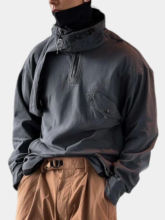 Fashion Workwear Sweatshirt High Collar Casual Comfortable Loose Cotton Multi-Pocket Urban High Street Style