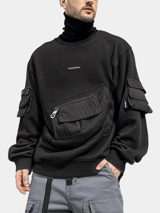 Workwear Sweatshirt Round Neck Casual Cotton Multi-Pocket Loose Urban High Street Style