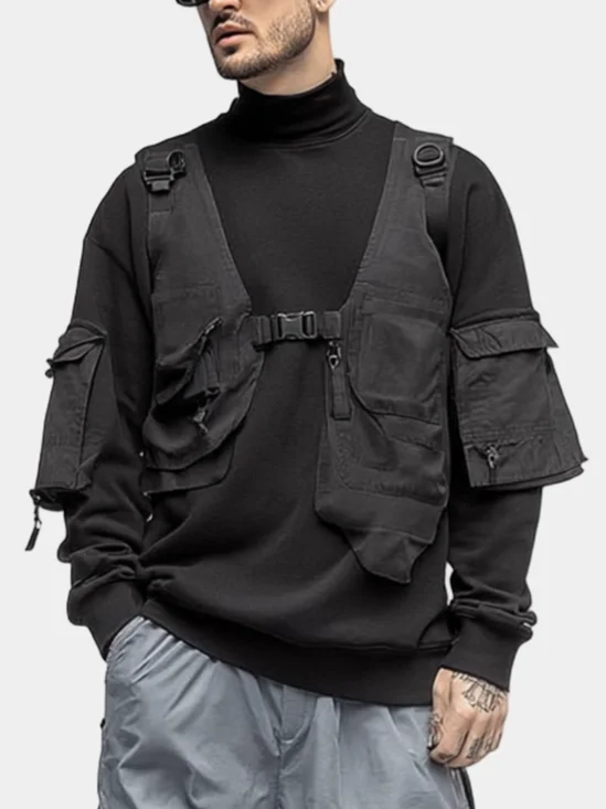 Urban High Street Workwear High Collar Cotton Street Vest Sweatshirt Fake Two-Piece Top