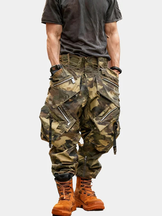 Men's Cotton Washed Ripstop Camo Multi-Pocket Street Tactical Pants