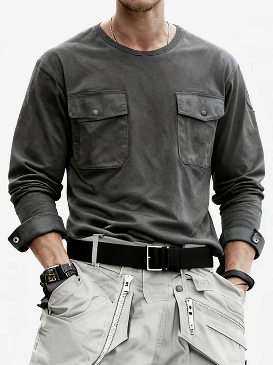 Men's Workwear Long-Sleeved T-Shirt With Multiple Pockets And Patchwork Design Street Style Urban Top