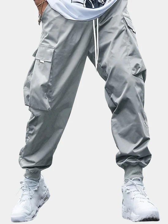 Men's Trendy Casual Cargo Pants With Multiple Pockets Elastic Waist Solid Color Windproof And Waterproof.