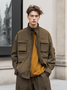 Street Style Washed Cotton Zip-Up Work Jacket