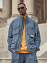Street Style Washed Cotton 3D Pockets Zip-Up Work Jacket
