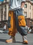 Streetwear Color-block Cargo Work Pants with Flap Pockets & Drawstring Elastic Waist Casual Techwear Joggers