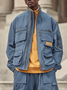 Street Style Washed Cotton 3D Pockets Zip-Up Work Jacket