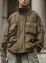 Street Style Washed Cotton 3D Pockets Zip-Up Work Jacket