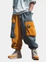 Streetwear Color-block Cargo Work Pants with Flap Pockets & Drawstring Elastic Waist Casual Techwear Joggers