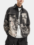 Street Style Washed City ​​Architecture Print Denim Work Jacket