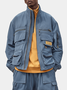 Street Style Washed Cotton 3D Pockets Zip-Up Work Jacket