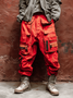 Men's Water Resistant Ripstop Red Multi-Pocket Deconstructed Street Fashion Tactical Pants